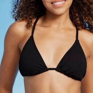 Black Triangle Ribbed Bikini Top with Tie-Back